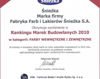 Śnieżka wyróżniona w rankingu budowlana marka roku 2010